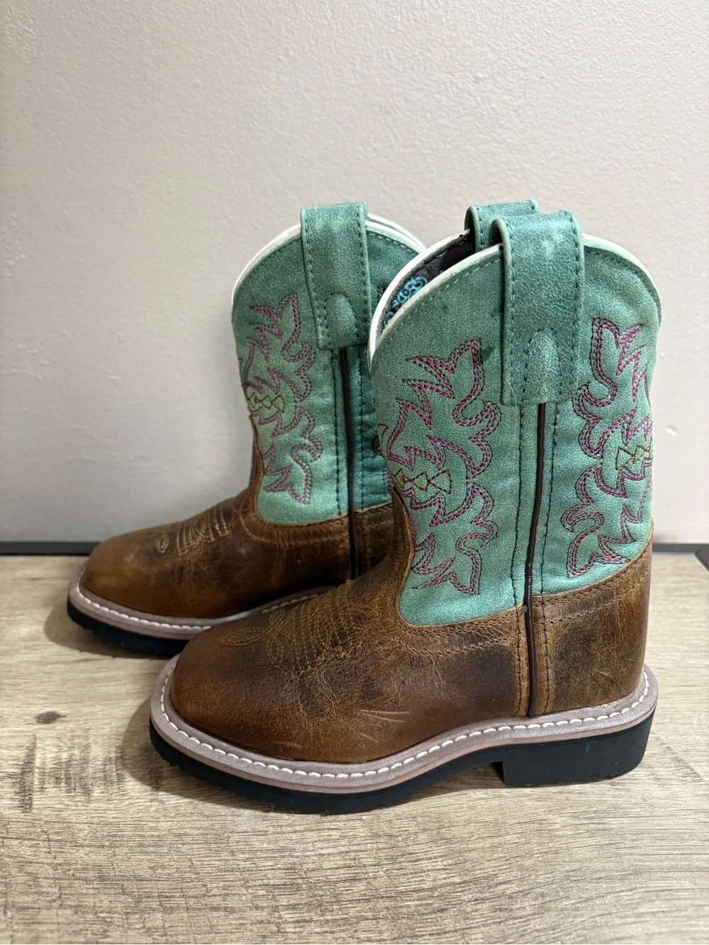 MINT! Boy's DAN POST Green & Brown Leather SQUARE Toe WESTERN CowboyRODEO BOOTS
